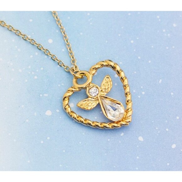 Jewelry - Vintage Golden Heart Guardian Angel Crystal Necklace| 18 Inches| J16